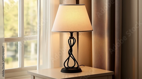 Elegant table lamp on wooden nightstand beside sunlit window