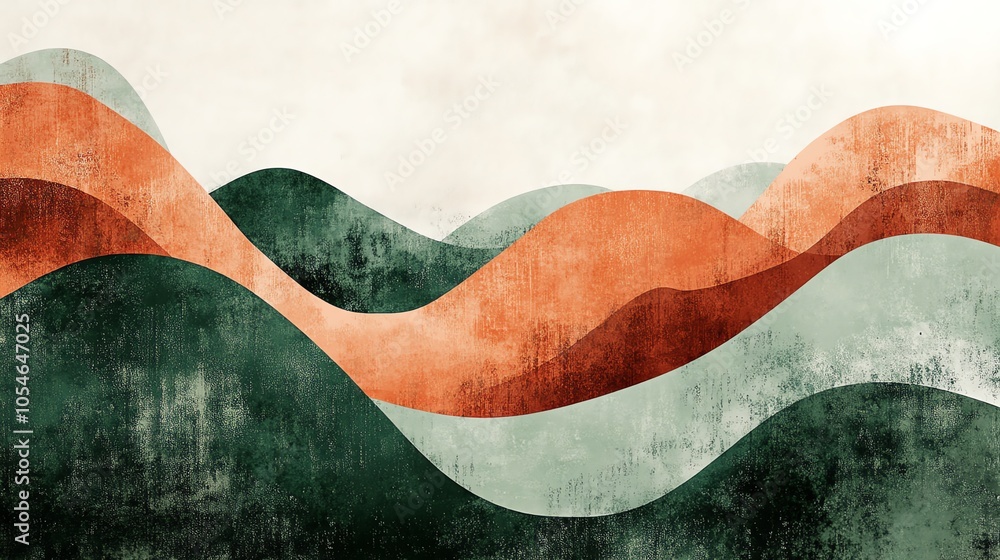 Abstract landscape painting of wavy hills in shades of green, orange, and blue. Abstract landscape painting of wavy hills in shades of green, orange, and blue.