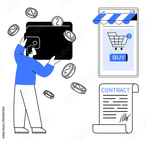 Person holding a wallet with coins flying, a smartphone displaying a shopping cart and buy button, and a signed contract. Ideal for e-commerce, finance, digital payments, shopping apps, online