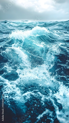 A stunning view of turbulent ocean waves, showcasing various shades of blue and white foam against a moody sky, capturing the raw power of nature's beauty.