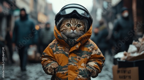 Adventurous cat in camo jacket and helmet strolling down a busy street