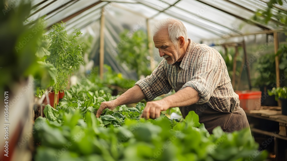 senior couple working at farm greenhouse. senior couple working at farm greenhouse.