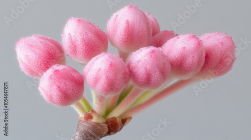 Macro close-up of delicate pink buds against a soft gray background photo