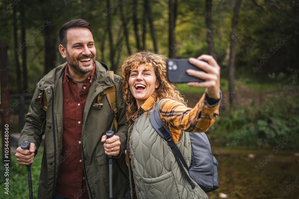 husband and wife hiker take a self portrait or video call on hiking husband and wife hiker take a self portrait or video call on hiking