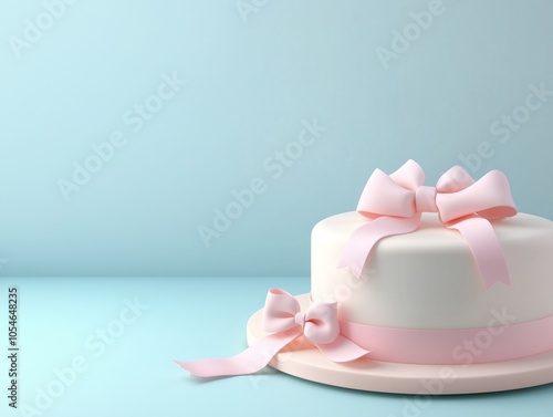 A beautifully crafted white cake adorned with soft pink ribbons and bows, set against a light blue backdrop.