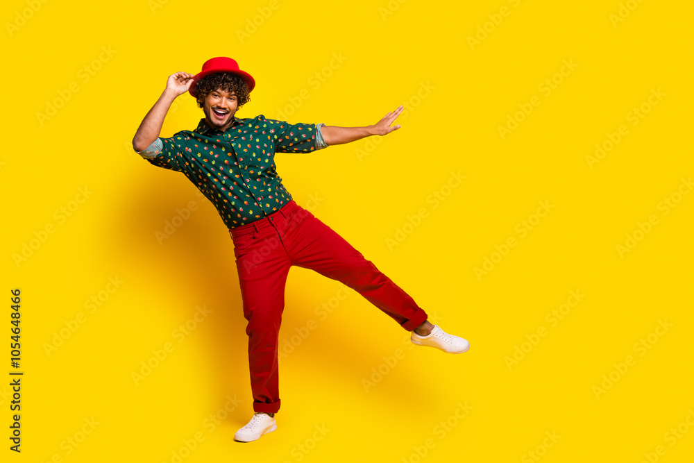 Full body portrait of nice elegant young man dance empty space wear shirt isolated on yellow color background Full body portrait of nice elegant young man dance empty space wear shirt isolated on yellow color background