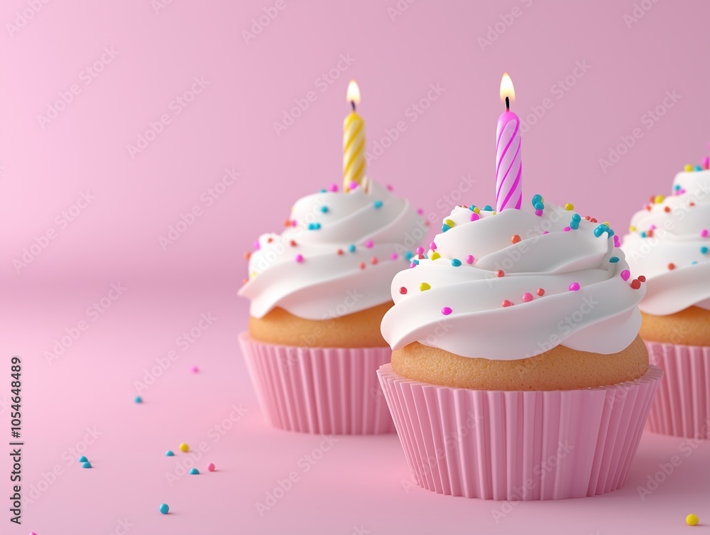 Three colorful cupcakes with frosting and candles sit against a soft pink background, decorated with sprinkles, perfect for celebrations.