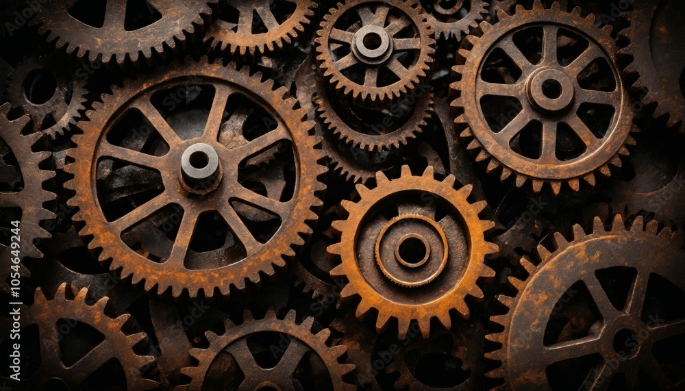 Abstract composition of rusted gears with dark patina, subtle metallic reflections, and rough texture variations for an artsy, industrial background Abstract composition of rusted gears with dark patina, subtle metallic reflections, and rough texture variations for an artsy, industrial background