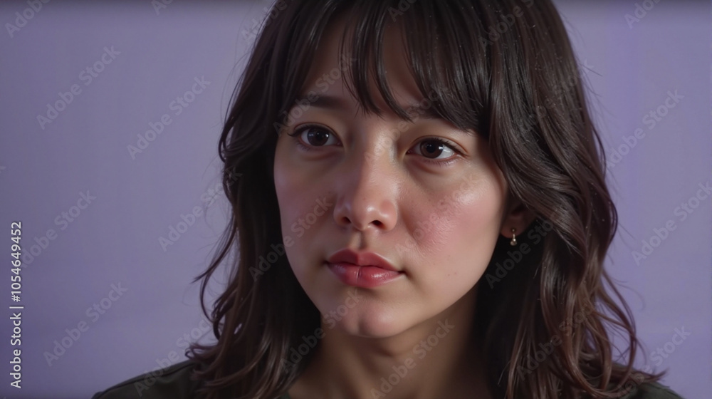 Young woman with subtle sadness expression against purple background Young woman with subtle sadness expression against purple background