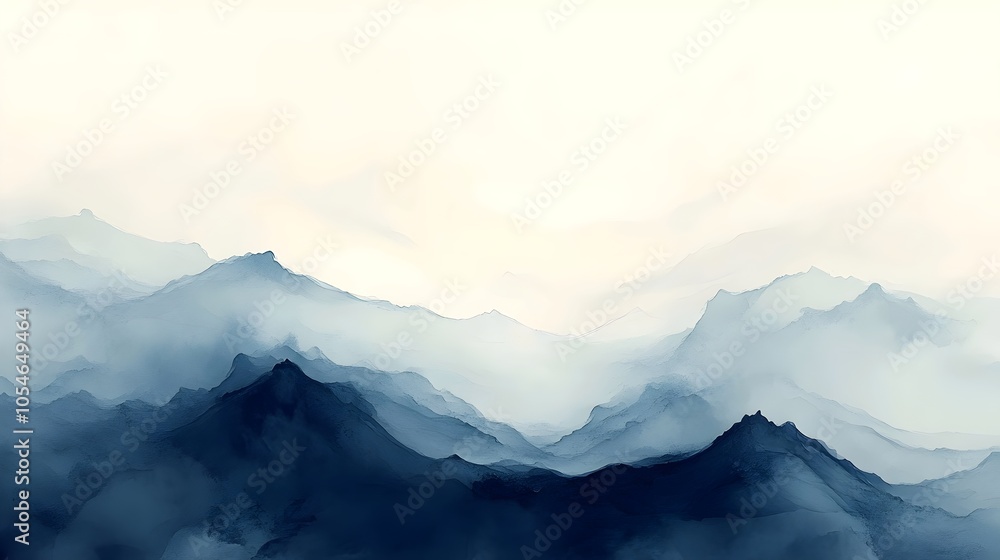 A serene landscape featuring rolling mountains in varying shades of blue, set against a soft, light background, evoking a sense of tranquility and calmness.
