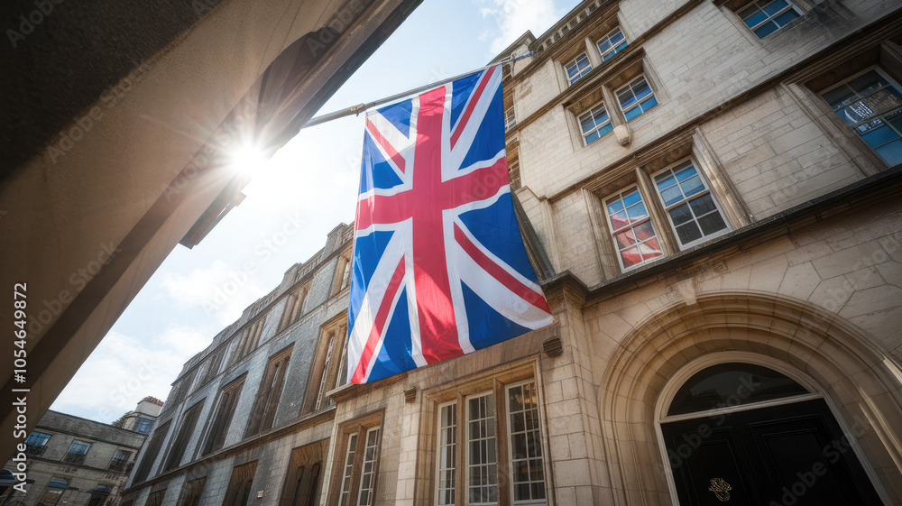 A vibrant British flag waves in the breeze against a sunny sky, showcasing the iconic red, white, and blue colors while illuminating the historic architecture around it. A vibrant British flag waves in the breeze against a sunny sky, showcasing the iconic red, white, and blue colors while illuminating the historic architecture around it.