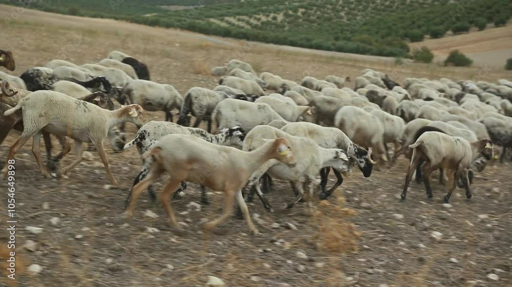 A large herd of sheep grazing in a wide and open countryside field. The diverse flock roams freely over the dry, arid ground, showcasing rural life and traditional farming practices. A large herd of sheep grazing in a wide and open countryside field. The diverse flock roams freely over the dry, arid ground, showcasing rural life and traditional farming practices.