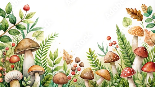 Watercolor mushrooms and foliage pattern leading lines photo