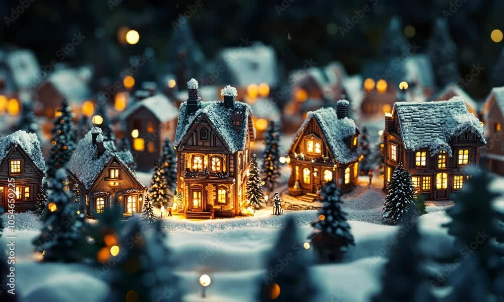Christmas village display with tiny lights in the windows and snow-covered rooftops. Christmas village display with tiny lights in the windows and snow-covered rooftops.