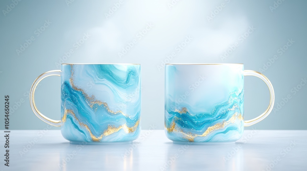 Elegant marbled mugs with gold accents on a soft blue background Elegant marbled mugs with gold accents on a soft blue background