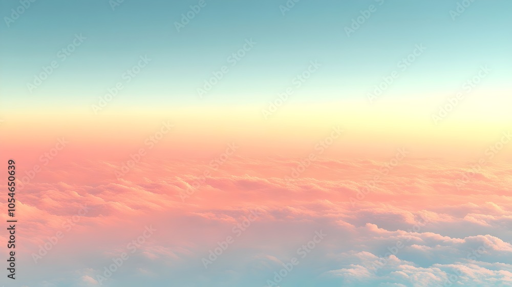 Fototapeta premium A serene view of soft, pastel-hued clouds stretching across the sky during sunset, blending shades of pink, orange, and blue, creating a tranquil atmosphere.