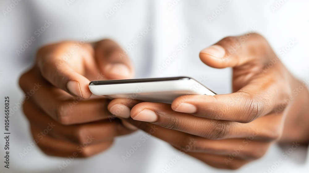 Hands are holding a white smartphone. Closeup of a woman's hands using a smartphone in a natural light setting. Hands are holding a white smartphone. Closeup of a woman's hands using a smartphone in a natural light setting.