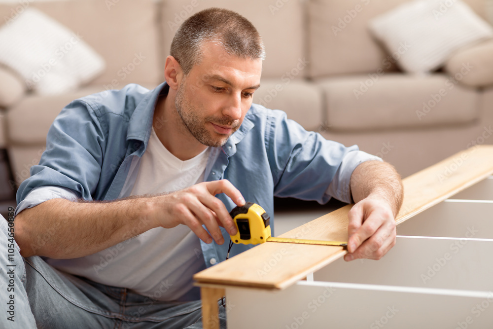 Mature Man Assembling Wooden Shelf Measuring It With Tape Sitting On Floor At Home. Male Furnishing Room After Renovation Using Self-Assembling Kit. Furniture Installation Concept Mature Man Assembling Wooden Shelf Measuring It With Tape Sitting On Floor At Home. Male Furnishing Room After Renovation Using Self-Assembling Kit. Furniture Installation Concept