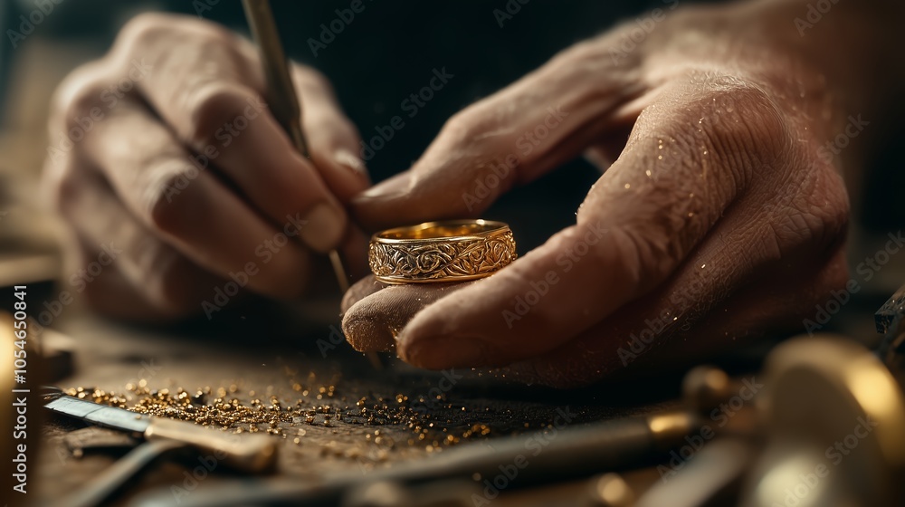Goldsmith crafting a detailed golden ring in a traditional workshop. A dedicated goldsmith focuses on engraving intricate designs on a golden ring in his workshop. Goldsmith crafting a detailed golden ring in a traditional workshop. A dedicated goldsmith focuses on engraving intricate designs on a golden ring in his workshop.