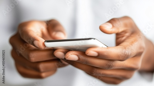 Hands are holding a white smartphone. Closeup of a woman's hands using a smartphone in a natural light setting.