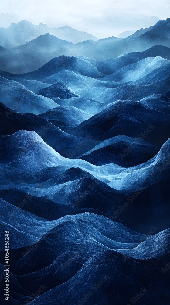 A mesmerizing blue-toned landscape showcasing rolling waves and undulating mountains under soft, diffused light, creating a serene and tranquil atmosphere. A mesmerizing blue-toned landscape showcasing rolling waves and undulating mountains under soft, diffused light, creating a serene and tranquil atmosphere.