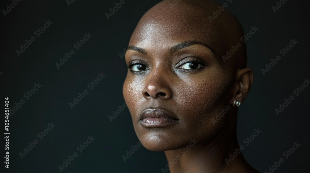 Portrait of a dark-skinned woman suffering from cancer after severe hair loss due to chemotherapy treatment Portrait of a dark-skinned woman suffering from cancer after severe hair loss due to chemotherapy treatment
