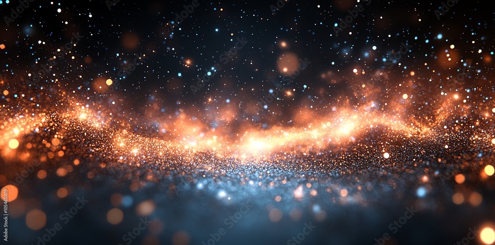 Fototapeta premium Abstract background with glittering particles and bokeh lights in orange and blue tones.