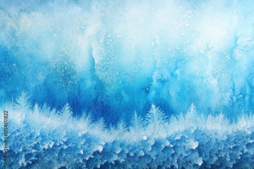 Watercolor ombre leaks and splashes texture on white paper background with ice frost and water