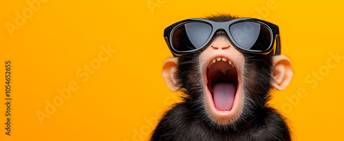 Adorable baby monkey wearing sunglasses with playful expression. Chimpanzee with stylish sunglasses.