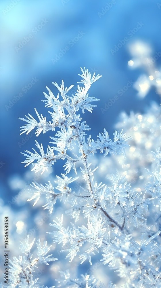 A close-up of delicate frost-covered branches, showcasing intricate ice crystals against a soft blue background, creating a serene and enchanting winter scene. A close-up of delicate frost-covered branches, showcasing intricate ice crystals against a soft blue background, creating a serene and enchanting winter scene.