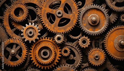 Wallpaper Mural Clustered, corroded gears with tarnished metal hues, raised textures, and subtle metal reflections in orange and brown tones Torontodigital.ca