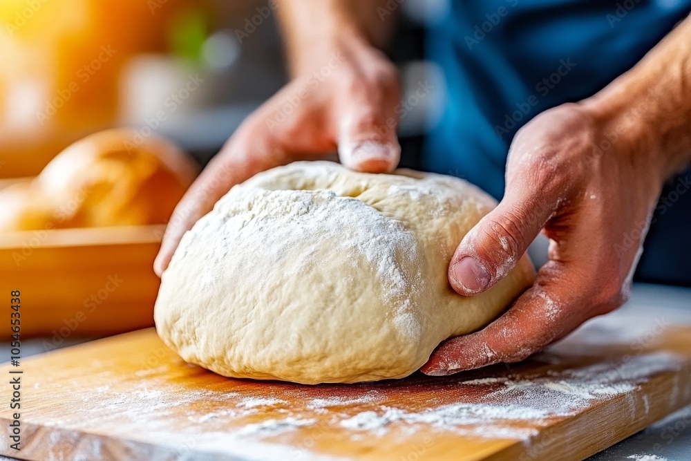 Close-up of hands kneading dough on a floured countertop, capturing the texture and motion in bread-making, with soft shadows and detail, symbolizing warmth and tradition Close-up of hands kneading dough on a floured countertop, capturing the texture and motion in bread-making, with soft shadows and detail, symbolizing warmth and tradition
