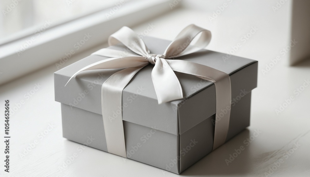 Detailed close-up of a minimalist matte gift box in soft gray, tied with a white satin ribbon, against a blurred, Scandinavian-style interior with neutral tones Detailed close-up of a minimalist matte gift box in soft gray, tied with a white satin ribbon, against a blurred, Scandinavian-style interior with neutral tones