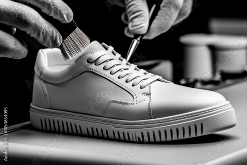 Detailed close-up of a person polishing a pair of leather shoes with a brush, showing the care and dedication in maintaining quality leather, symbolizing sophistication and care photo