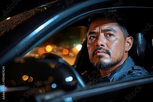 Detective in an unmarked car at night, looking through the window while monitoring a suspect, showcasing the subtlety and intensity of undercover surveillance, symbolizing vigilance and patience