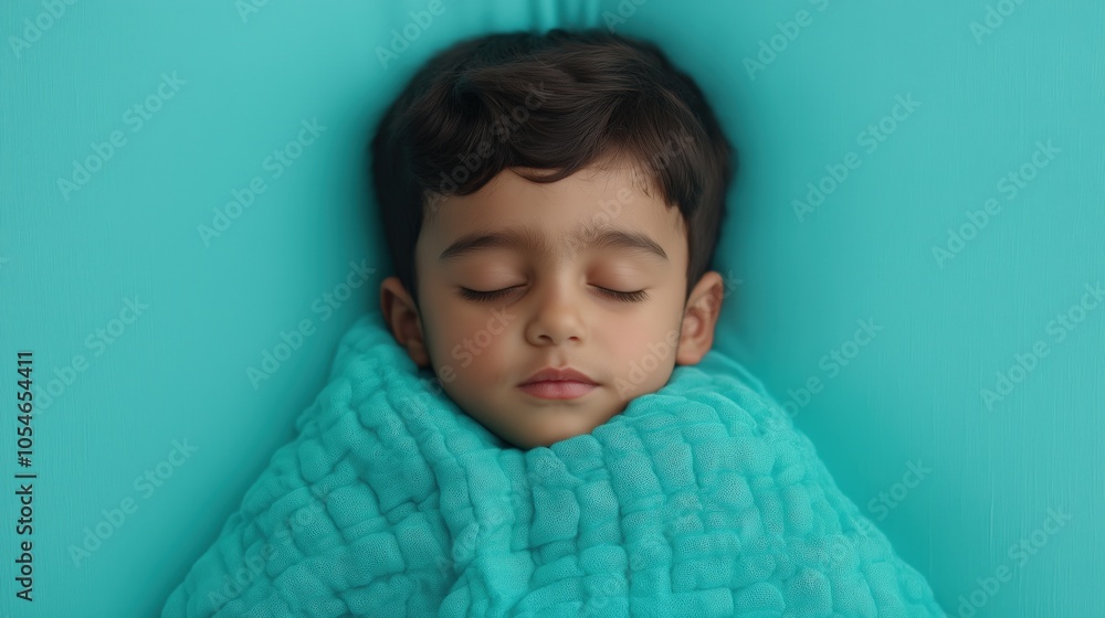 Peaceful sleep of a young child wrapped in cozy teal blanket Peaceful sleep of a young child wrapped in cozy teal blanket