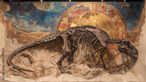 Majestic dinosaur fossil display in front of vibrant historic mural exhibit