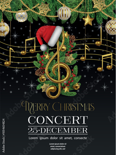christmas concert flyer with golden musical notes, pine branches and decorations. christmas concert poster	
