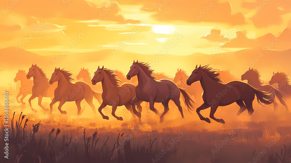 Herd of wild horses running through vast prairies, golden sunset, serene landscape. Vast Prairie. Illustration Herd of wild horses running through vast prairies, golden sunset, serene landscape. Vast Prairie. Illustration