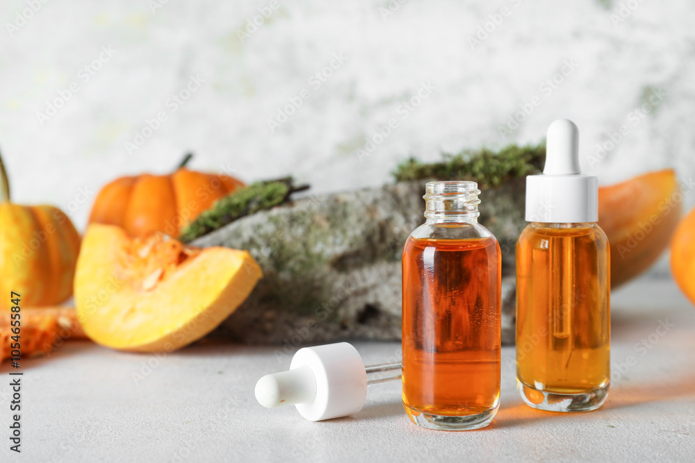 Bottles of cosmetic pumpkin oil on white background Bottles of cosmetic pumpkin oil on white background