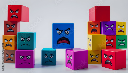 Colorful cubes showing diverse human emotions of anger and frustration isolated with white shades, png photo