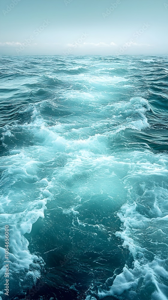 Fototapeta premium A serene view of deep turquoise ocean water with gentle waves, creating a tranquil atmosphere. The sunlight reflects beautifully on the surface, enhancing the soothing mood.