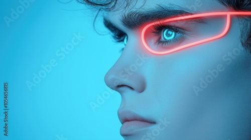 Futuristic neon glasses on person’s face with blue background