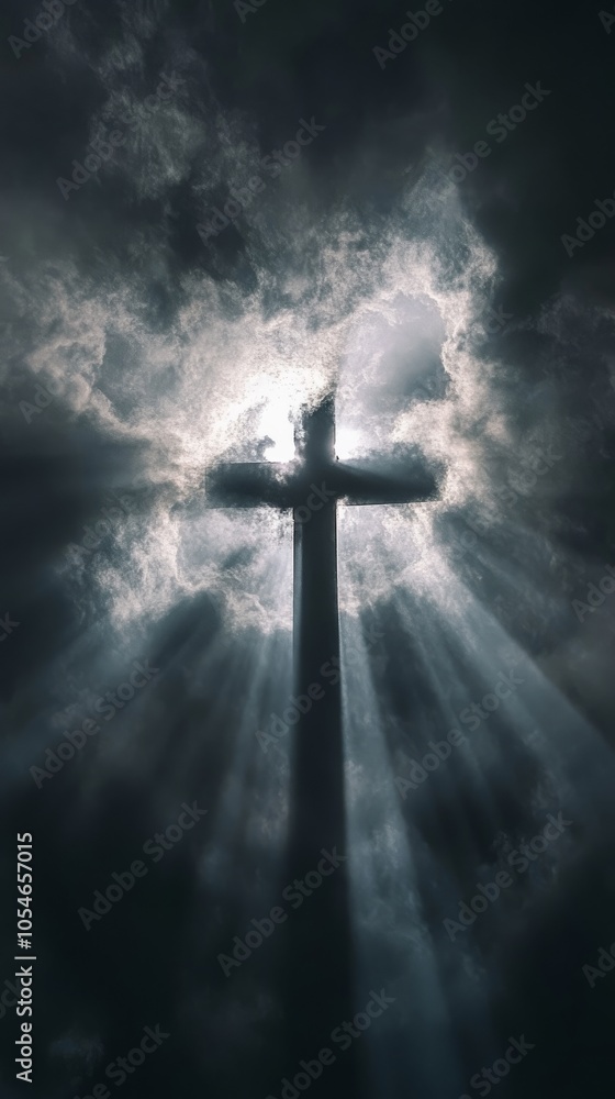 Cross silhouette with dramatic sun rays piercing clouds, spiritual concept Cross silhouette with dramatic sun rays piercing clouds, spiritual concept