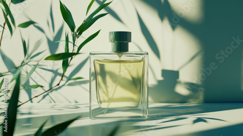 bottle of perfume surrounded by bamboo leaves, casting beautiful shadows on light background. serene composition evokes sense of tranquility and elegance