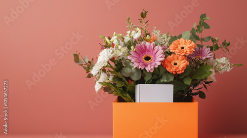 Wallpaper Mural vibrant care package featuring bouquet of colorful flowers, including pink and orange gerbera daisies, set against warm coral background. This cheerful arrangement brings joy and warmth Torontodigital.ca