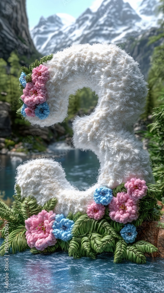 Fototapeta premium 3D Render of the Number Three with Pink and Blue Flowers by a Lake in a Mountain Valley