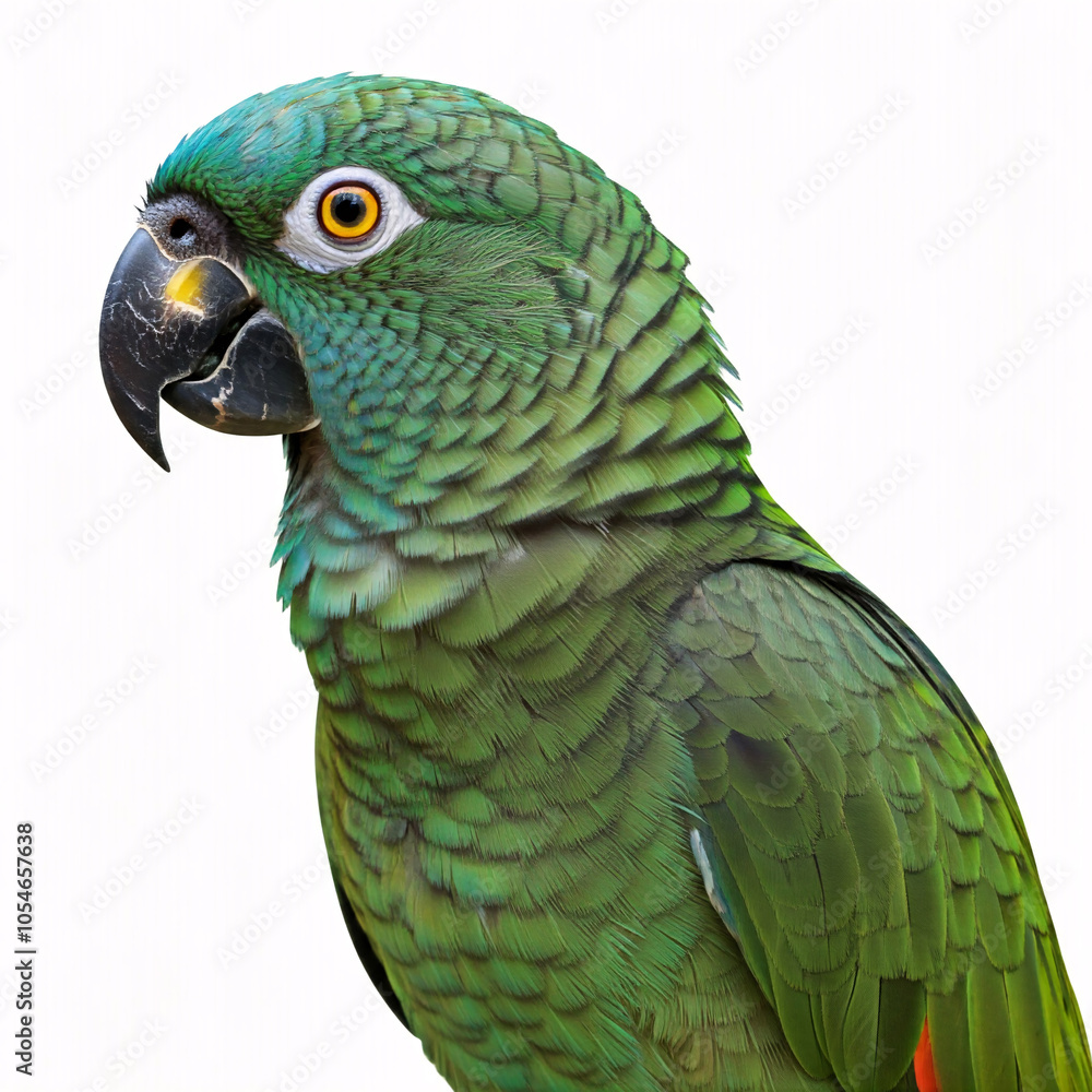 Obraz premium A vibrant green macaw with a red forehead and black beak, looking to the side
