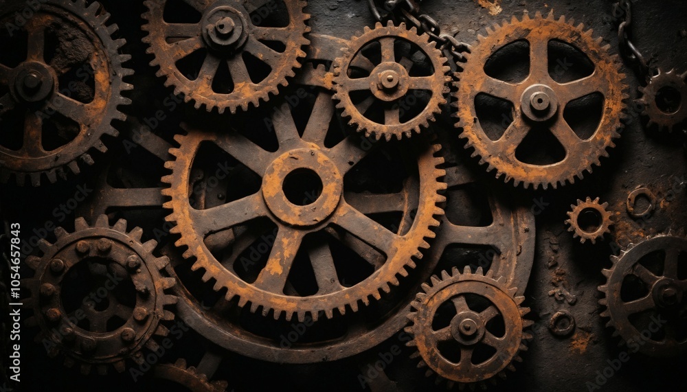 Rusty gears and chains with a dense, gritty texture, subtle oil smudges, and deep shadows for an industrial, grunge-filled atmosphere Rusty gears and chains with a dense, gritty texture, subtle oil smudges, and deep shadows for an industrial, grunge-filled atmosphere