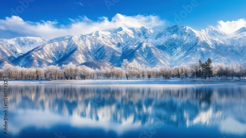 Snowy Mountain View and Lake Reflection